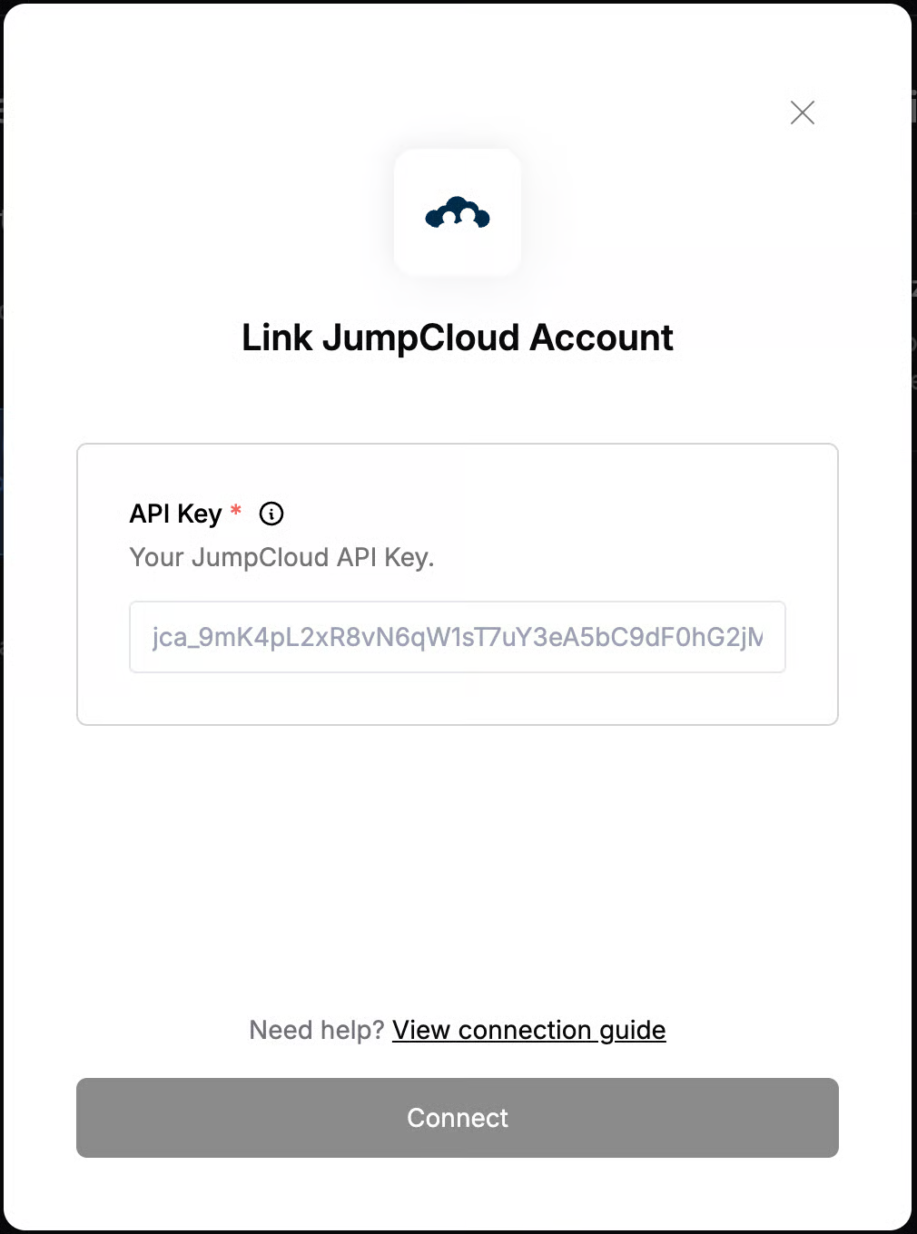 DSALTA Link JumpCloud Account panel with a required API Key field and a Connect button