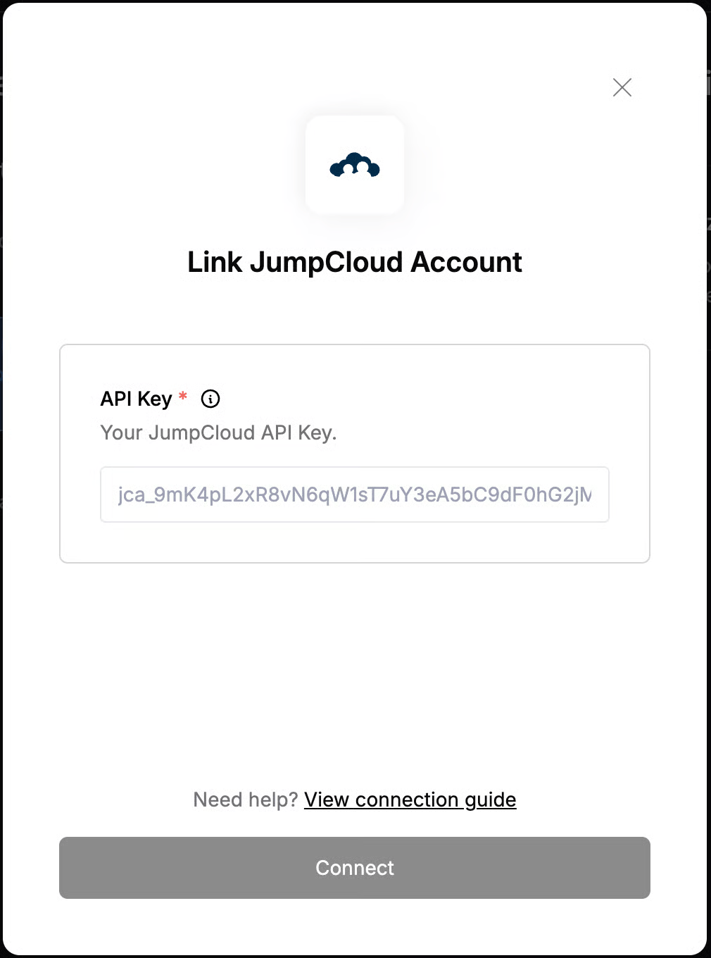 DSALTA Link JumpCloud Account panel with a required API Key field and a Connect button