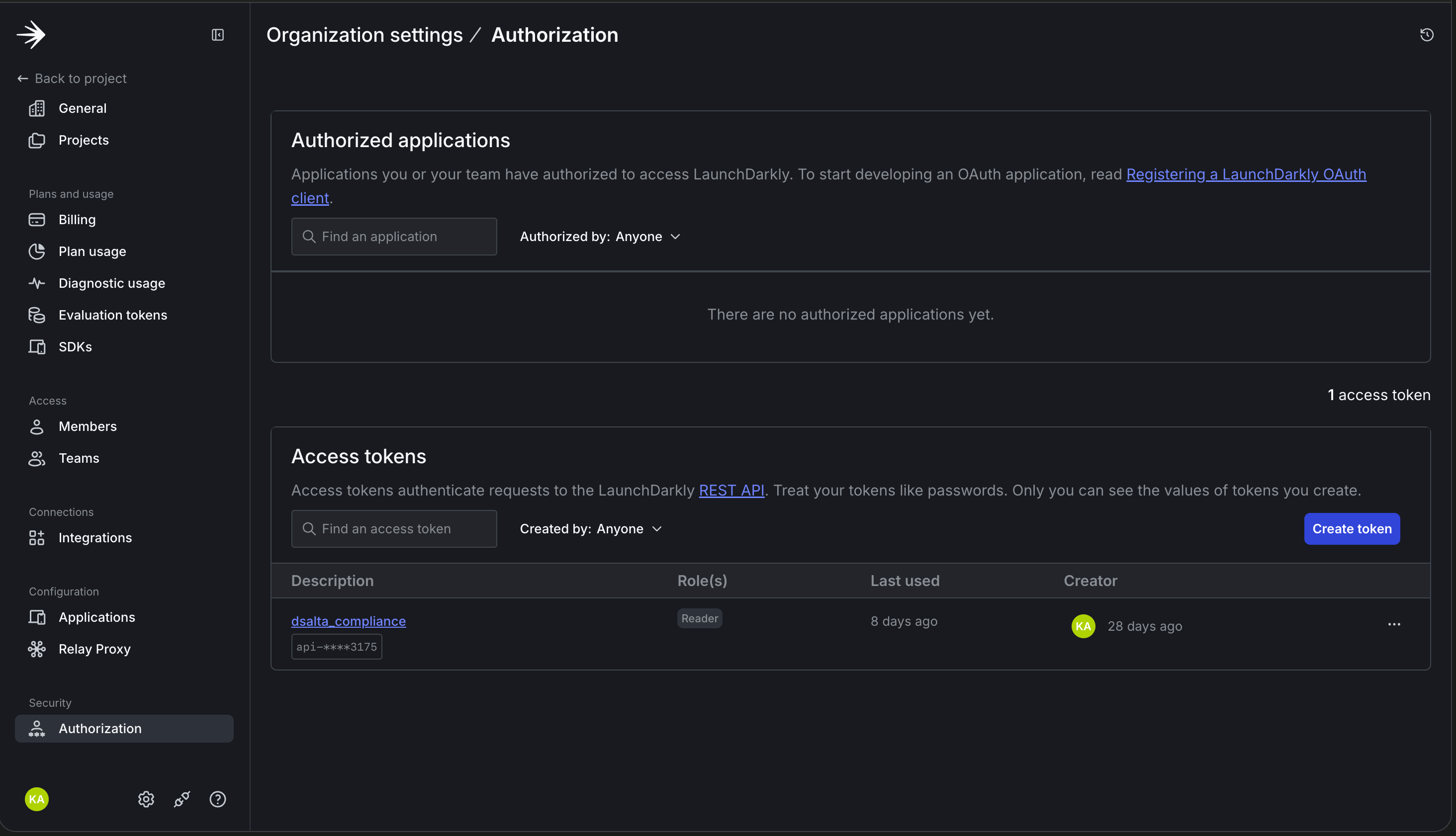 LaunchDarkly Organization settings → Authorization page showing the Authorized applications section and the Access tokens table with the Create token button