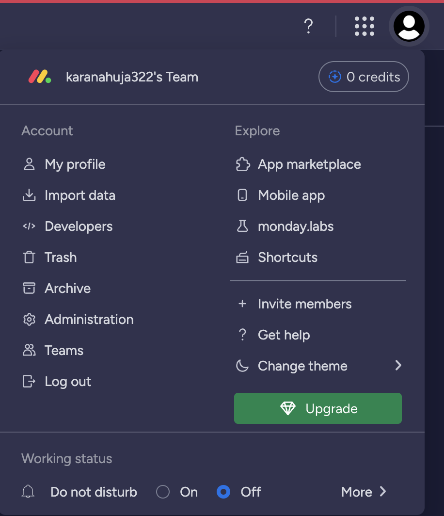 monday.com avatar menu open with the Account column listing My profile, Import data and Developers