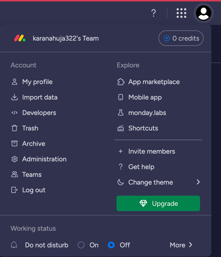 monday.com avatar menu open with the Account column listing My profile, Import data and Developers