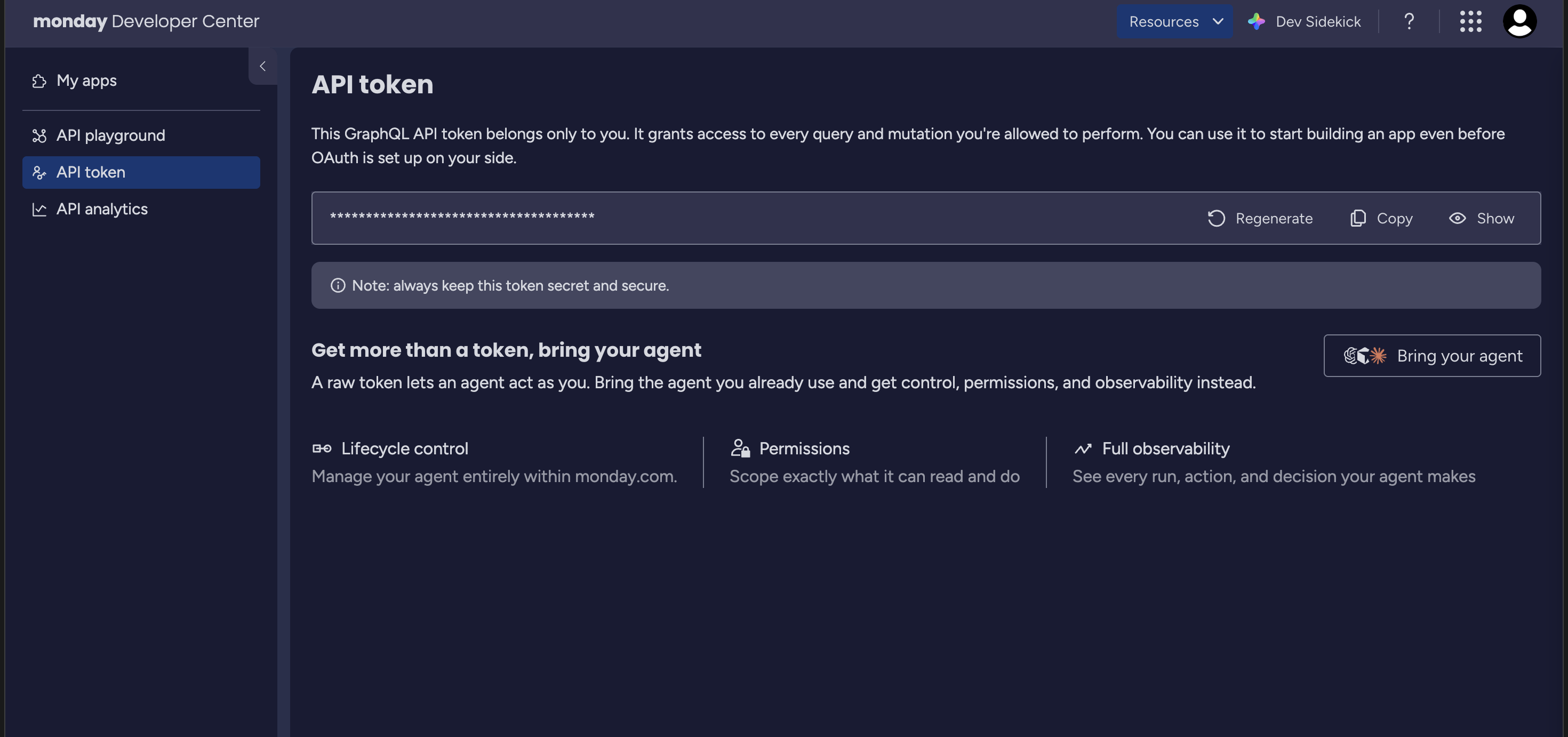 monday.com Developer Center API token page with the masked personal token and the Regenerate, Copy and Show controls