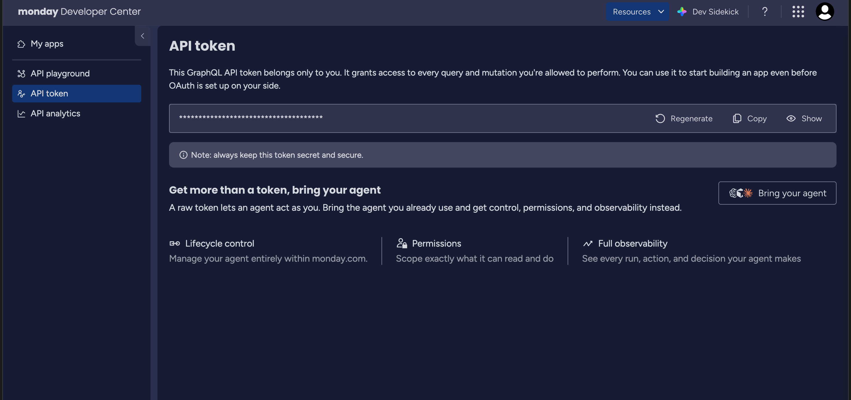 monday.com Developer Center API token page with the masked personal token and the Regenerate, Copy and Show controls
