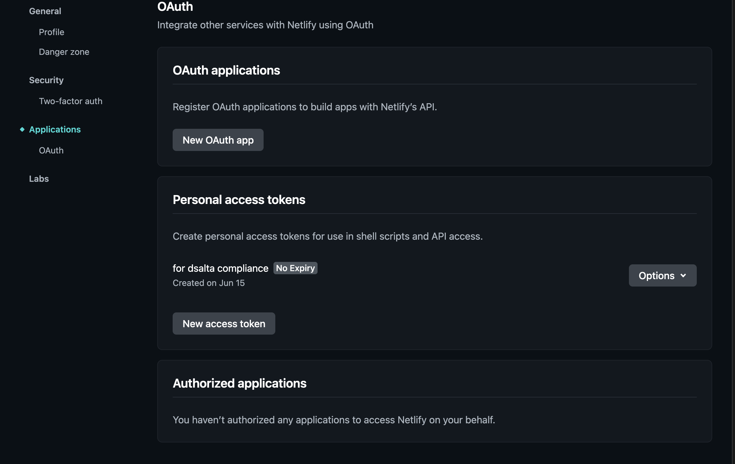 Netlify user settings, Applications, OAuth, with the New access token button under Personal access tokens