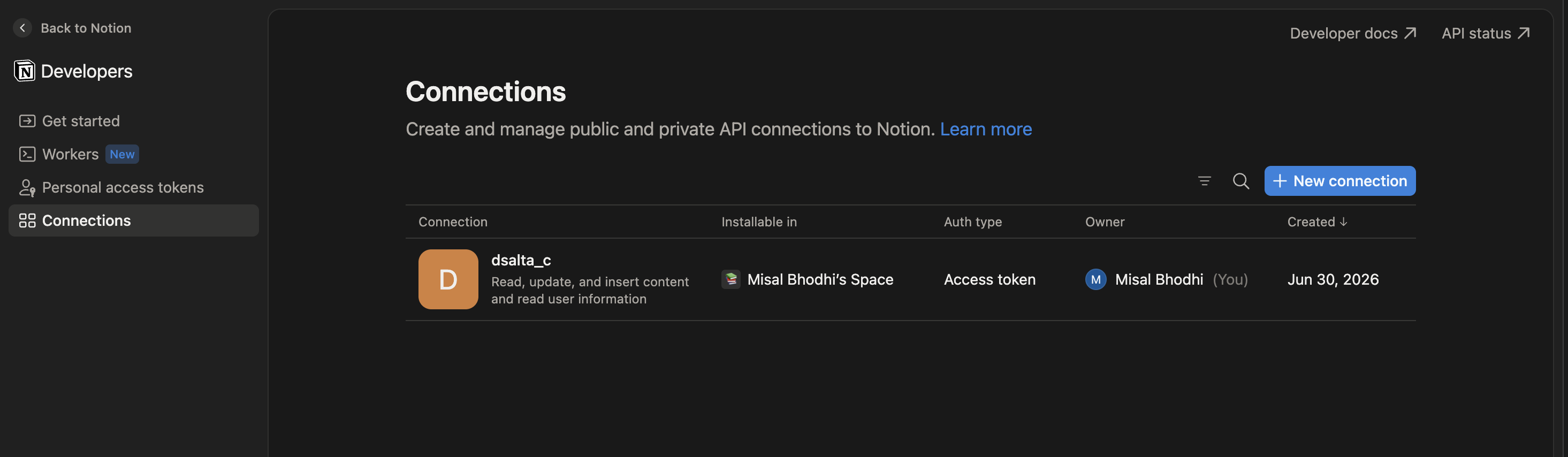 Notion Developers portal on the Connections page listing a connection with auth type Access token, and the New connection button
