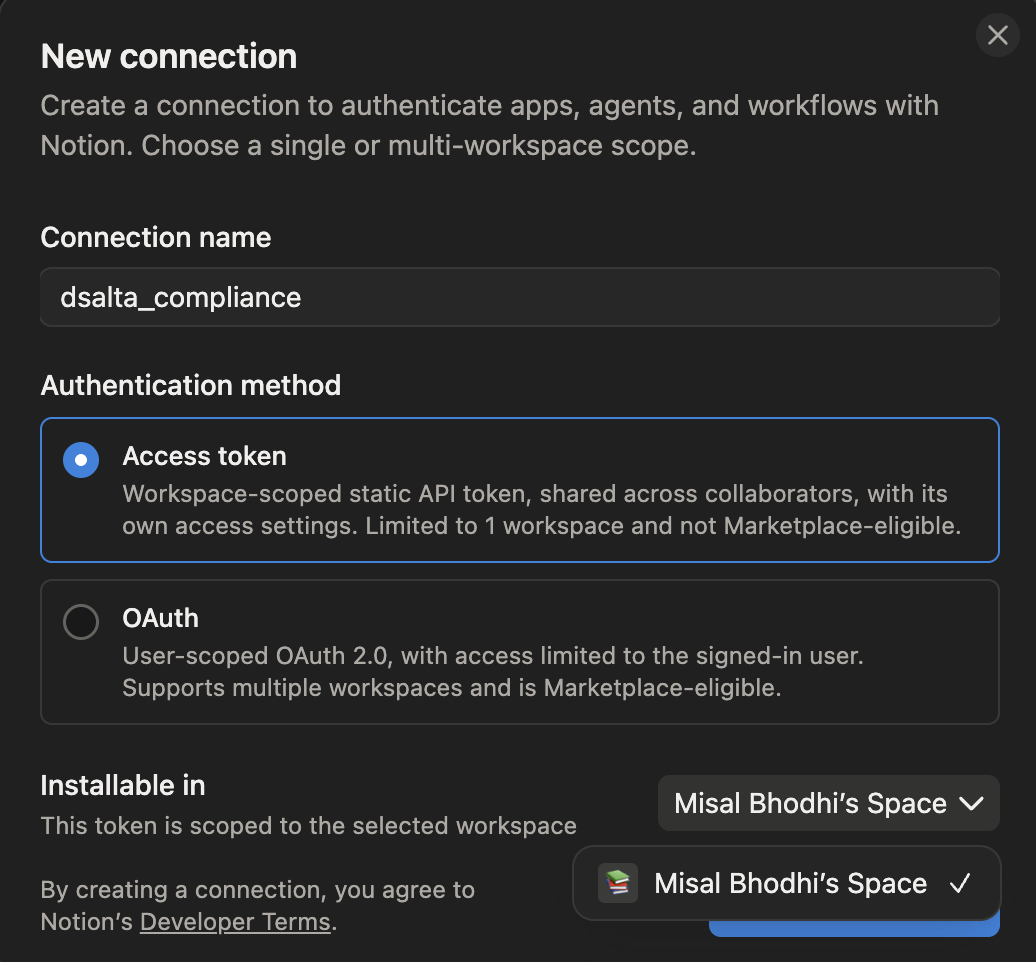 Notion New connection dialog with a connection name filled in, the Access token authentication method selected instead of OAuth, and the workspace picker open