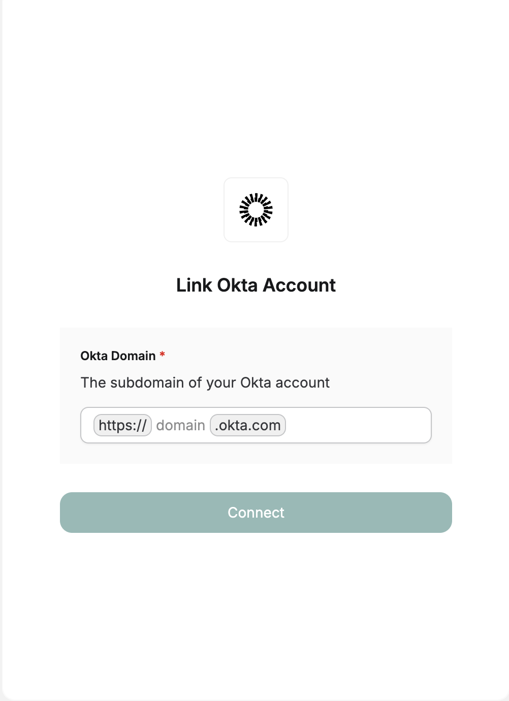 DSALTA's Link Okta Account panel with an Okta Domain field prefixed https:// and suffixed .okta.com, and a Connect button