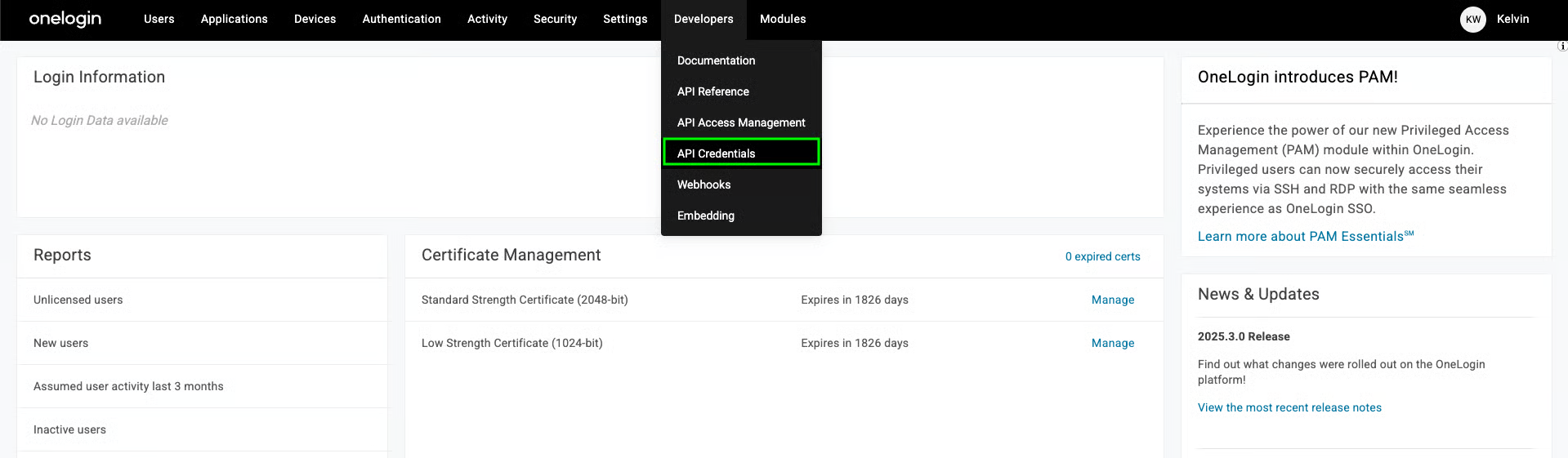 OneLogin admin console with the Developers menu open and the API Credentials entry highlighted