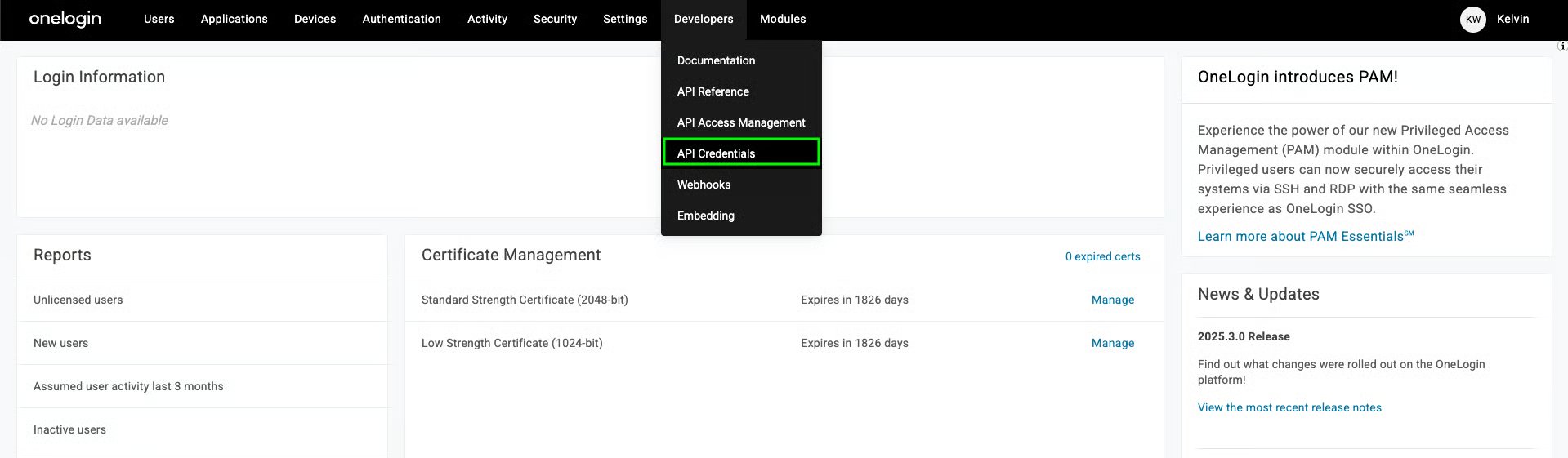 OneLogin admin console with the Developers menu open and the API Credentials entry highlighted
