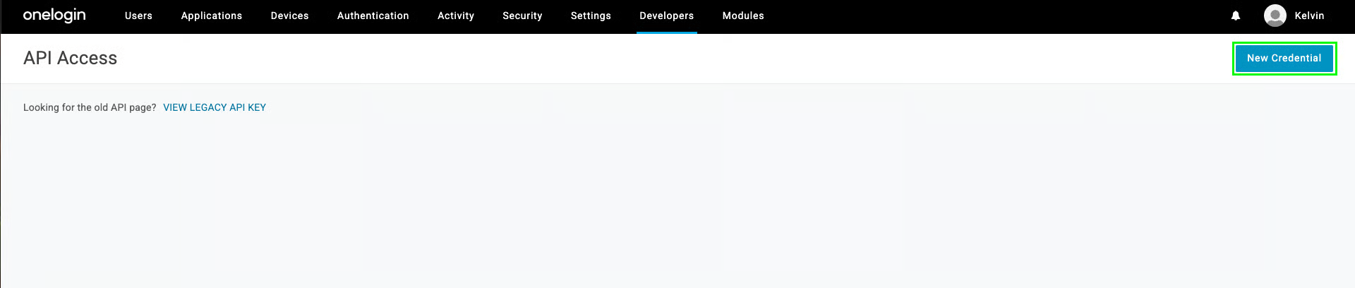 OneLogin API Access page with the New Credential button highlighted in the top right