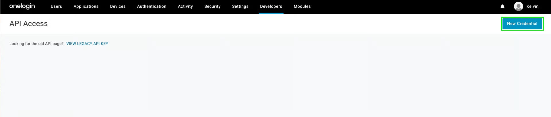 OneLogin API Access page with the New Credential button highlighted in the top right