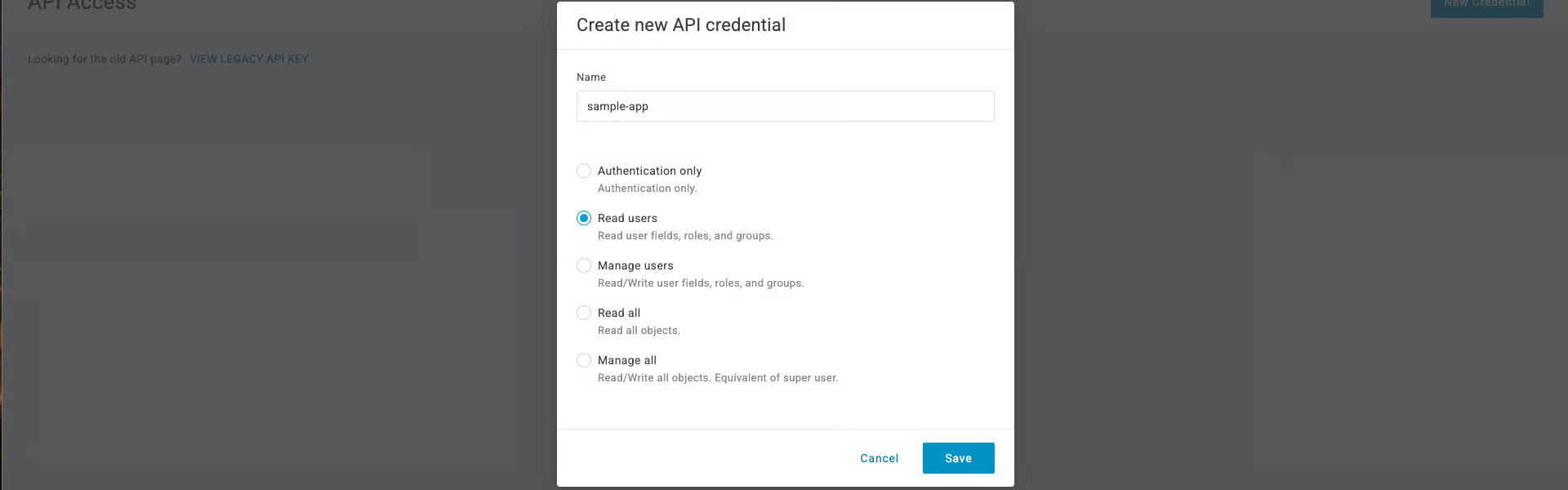 OneLogin 'Create new API credential' dialog showing the Name field and the scope options Authentication only, Read users, Manage users, Read all and Manage all