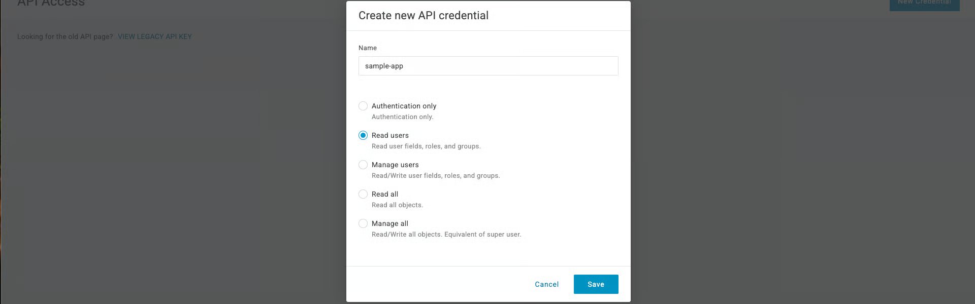 OneLogin 'Create new API credential' dialog showing the Name field and the scope options Authentication only, Read users, Manage users, Read all and Manage all