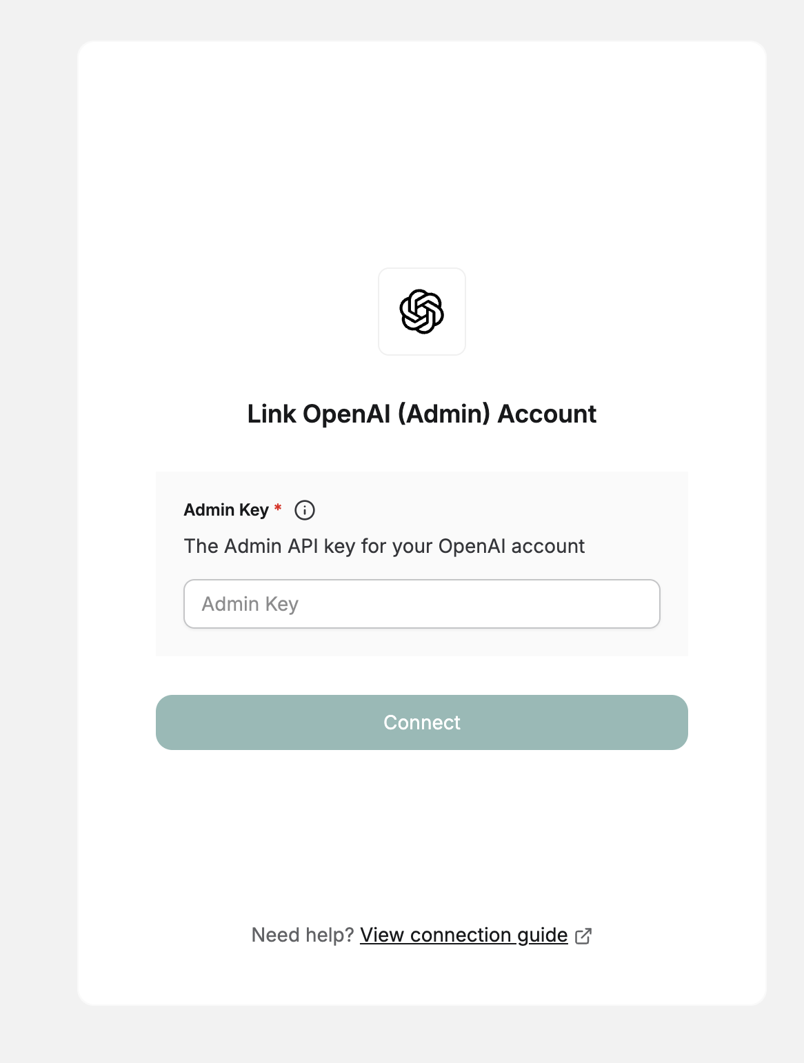 DSALTA's Link OpenAI account panel with an Admin Key field