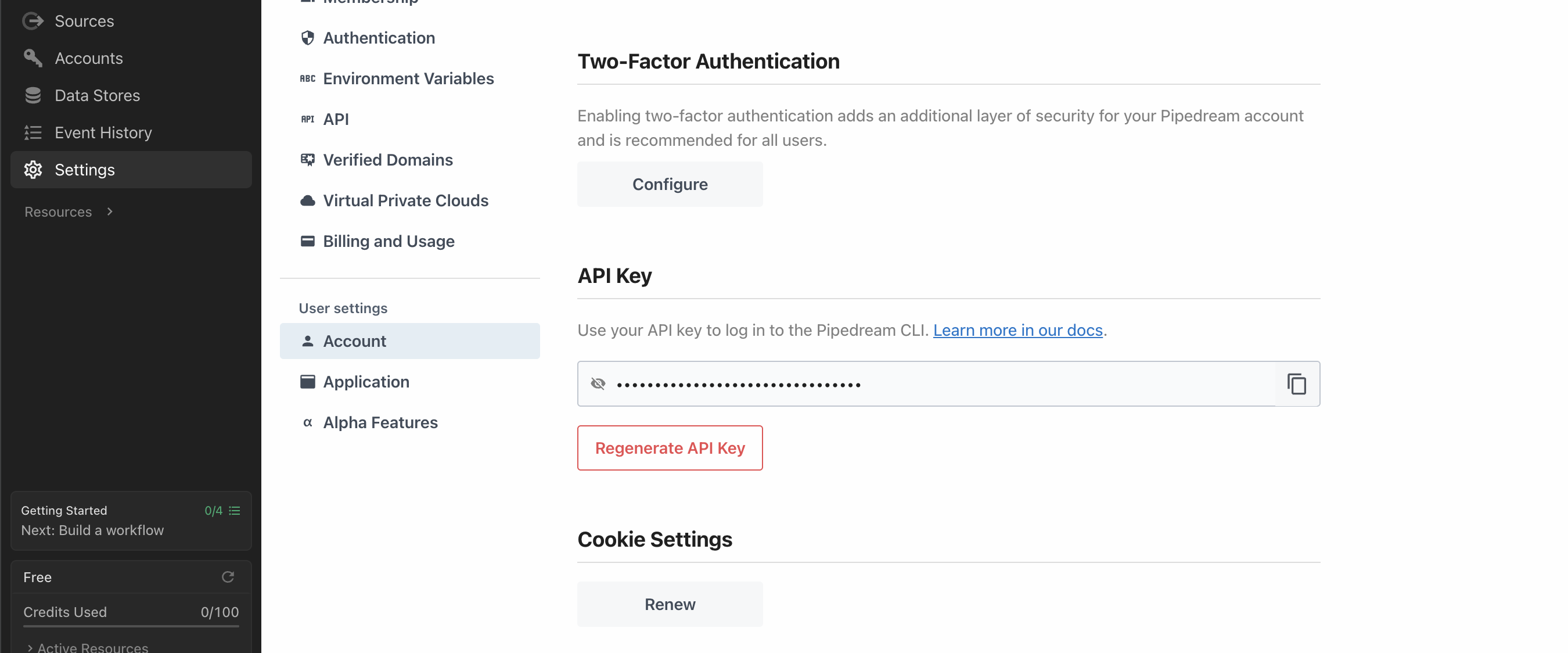 Pipedream Settings, Account page showing the API Key section with the key masked and a Regenerate API Key button