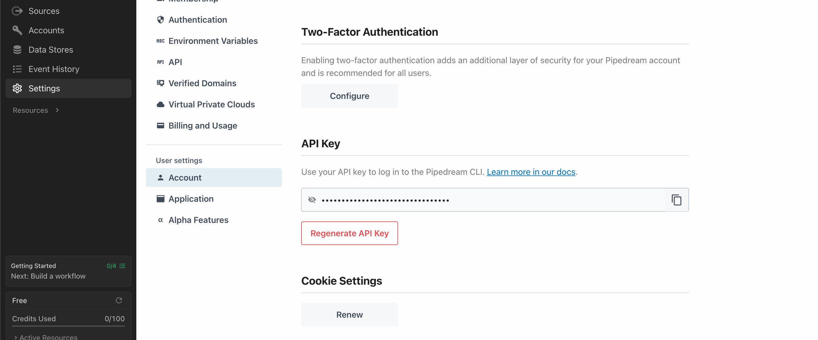 Pipedream Settings, Account page showing the API Key section with the key masked and a Regenerate API Key button