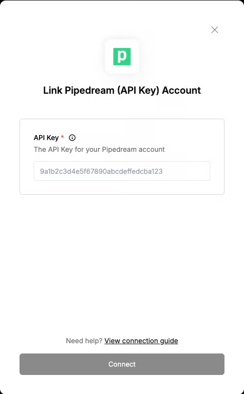 DSALTA 'Link Pipedream (API Key) Account' panel with an API Key field and a Connect button