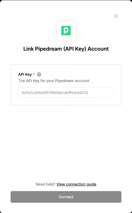DSALTA 'Link Pipedream (API Key) Account' panel with an API Key field and a Connect button