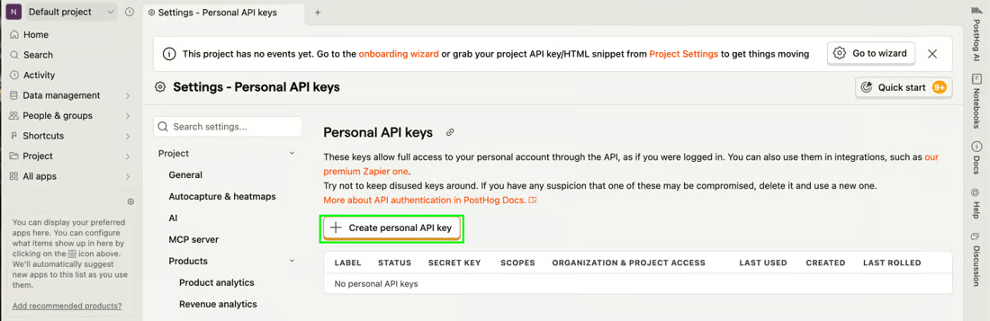 PostHog Settings, Personal API keys page with an empty key table and the Create personal API key button highlighted