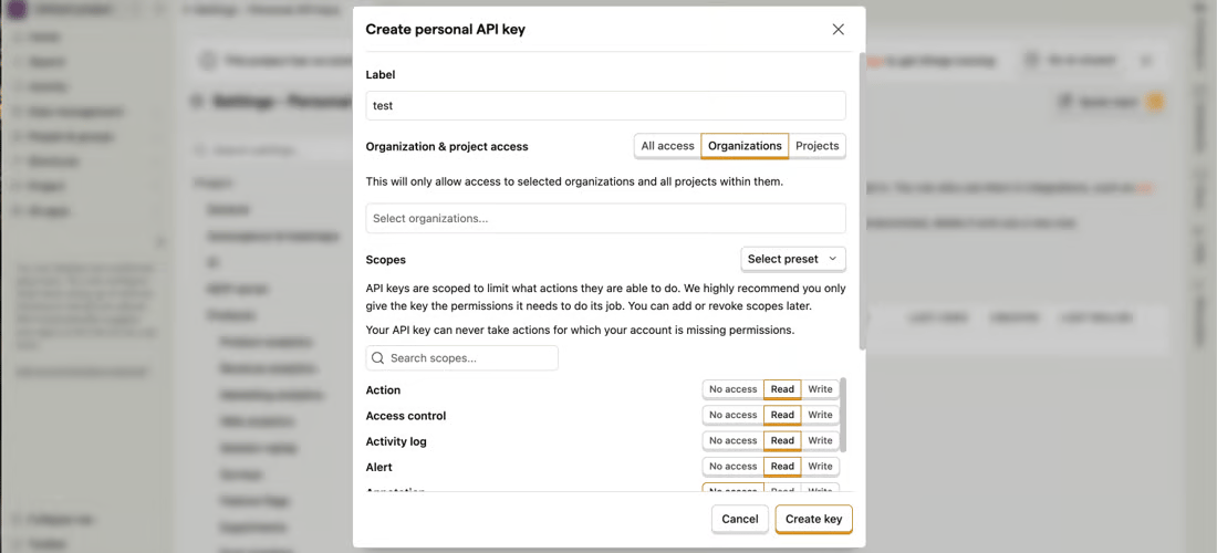 PostHog 'Create personal API key' dialog showing the Label field, Organization and project access selector, and the scrollable Scopes list with No access, Read and Write toggles