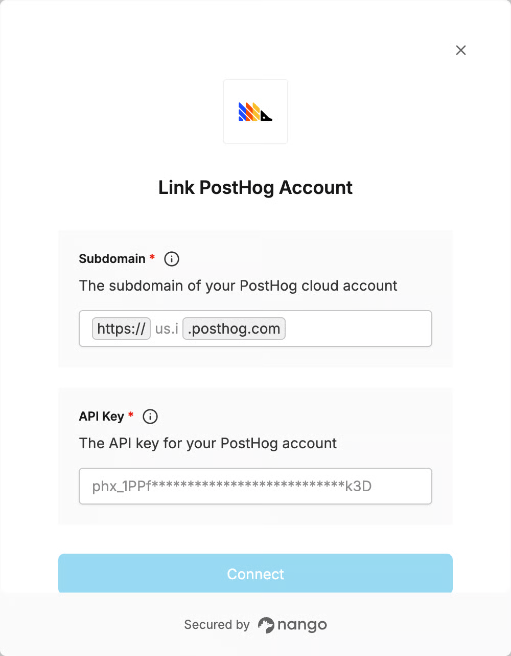 DSALTA 'Link PostHog Account' panel with a Subdomain field prefilled as https://us.i.posthog.com and an API Key field, above a Connect button