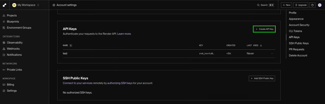 Render Account settings API Keys page listing one key named test, with the Create API Key button highlighted