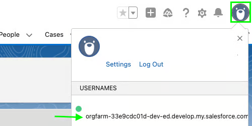 Salesforce console with the account avatar menu open, showing Settings and Log Out links and the signed-in org username orgfarm-33e9cdc01d-dev-ed.develop.my.salesforce.com under the USERNAMES heading