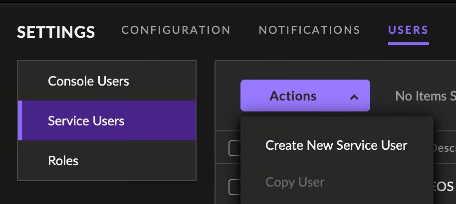 SentinelOne management console Settings page on the Users tab with Service Users selected in the left list and the Actions menu open showing Create New Service User and a grayed-out Copy User option