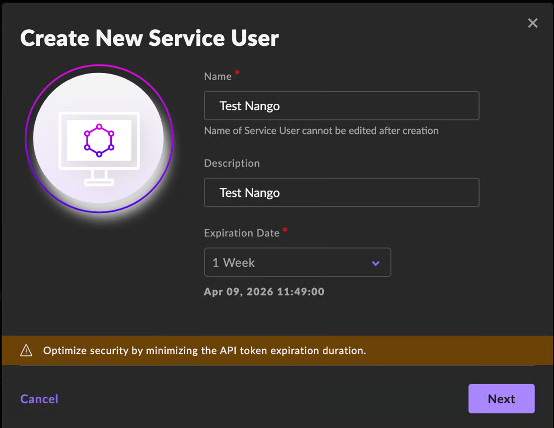 SentinelOne Create New Service User dialog with Name and Description filled in as Test Nango, an Expiration Date dropdown set to 1 Week showing Apr 09, 2026 11:49:00, a warning about minimizing API token expiration duration, and Cancel and Next buttons