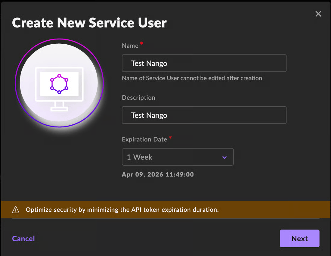 SentinelOne Create New Service User dialog with Name and Description filled in as Test Nango, an Expiration Date dropdown set to 1 Week showing Apr 09, 2026 11:49:00, a warning about minimizing API token expiration duration, and Cancel and Next buttons