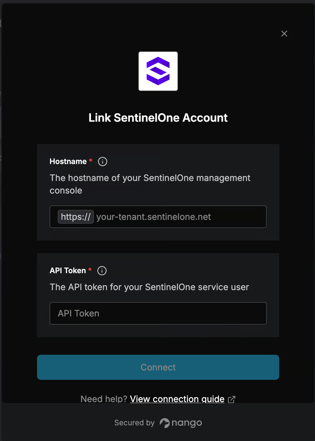 DSALTA Link SentinelOne Account panel with a required Hostname field prefixed https:// and placeholder your-tenant.sentinelone.net, a required API Token field, and a Connect button