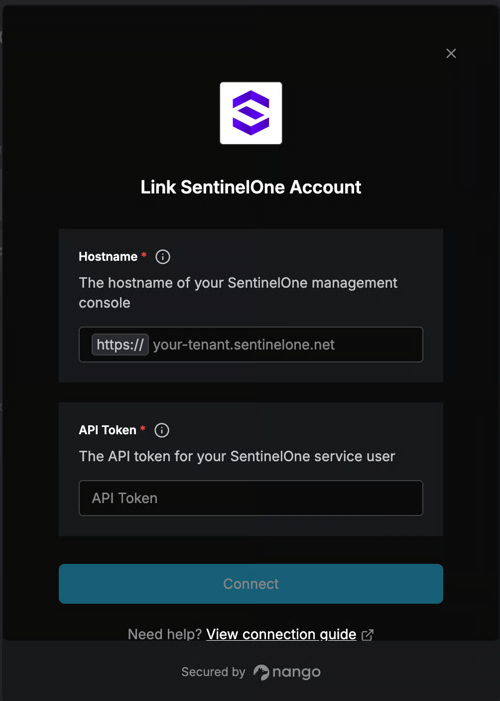 DSALTA Link SentinelOne Account panel with a required Hostname field prefixed https:// and placeholder your-tenant.sentinelone.net, a required API Token field, and a Connect button