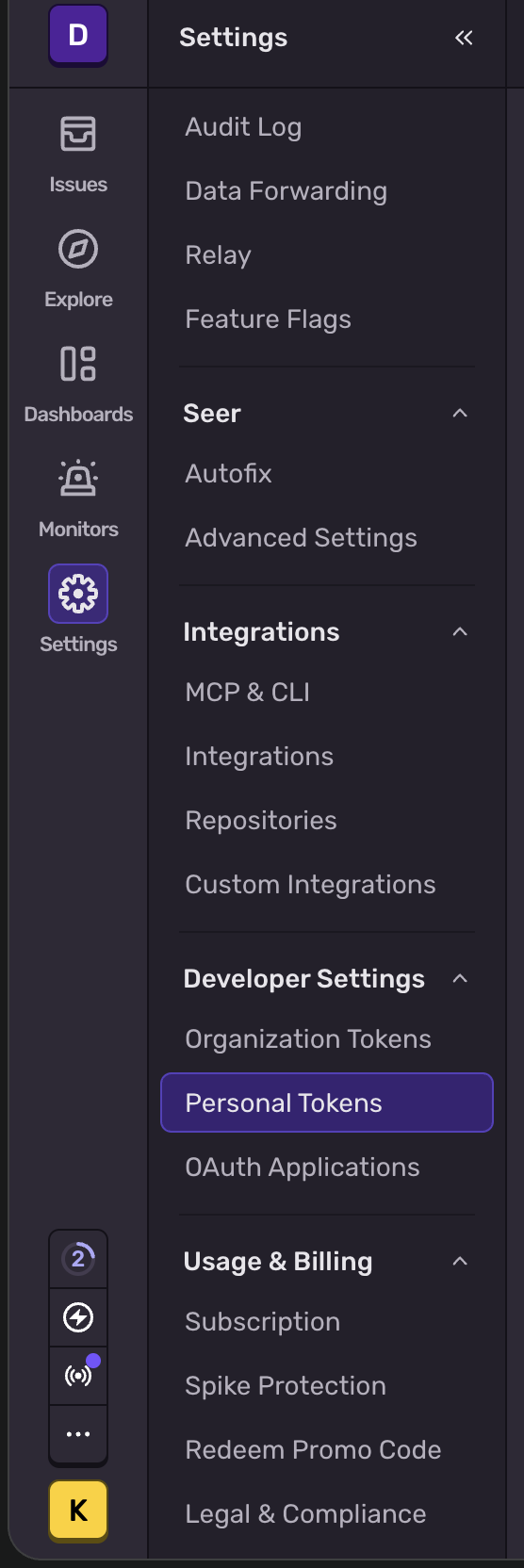 Sentry Settings navigation with the Developer Settings section expanded and Personal Tokens highlighted, above Organization Tokens and OAuth Applications entries
