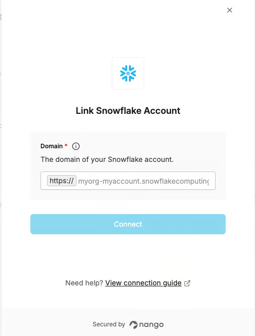 DSALTA 'Link Snowflake Account' window with a required Domain field showing an https:// prefix and the placeholder myorg-myaccount.snowflakecomputing.com, above a Connect button
