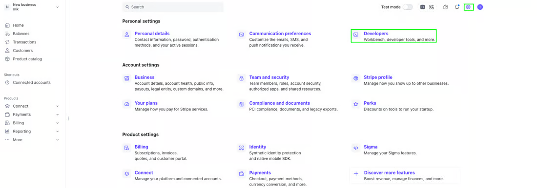 Stripe Dashboard settings page with the gear icon in the top bar and the Developers entry under Personal settings both outlined
