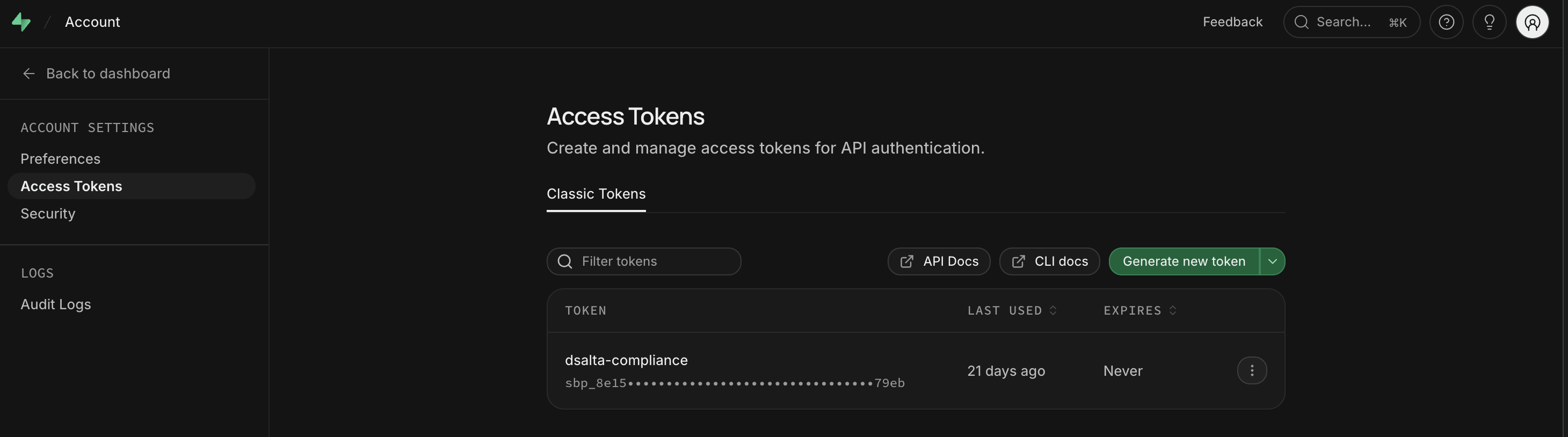 Supabase account Access Tokens page with the Generate new token button and one existing token named dsalta-compliance whose value is masked