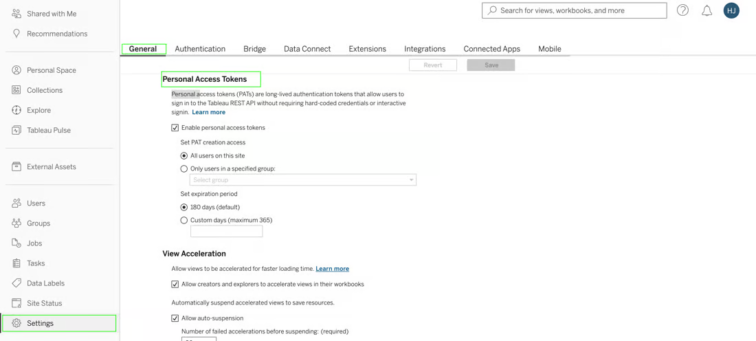 Tableau Cloud Settings on the General tab with the Personal Access Tokens section outlined, showing the checked 'Enable personal access tokens' box, PAT creation access options, and the expiration period settings