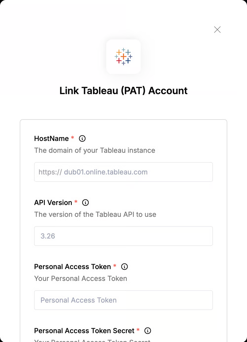 DSALTA 'Link Tableau (PAT) Account' window with fields for HostName (placeholder dub01.online.tableau.com), API Version (placeholder 3.26), Personal Access Token, and Personal Access Token Secret