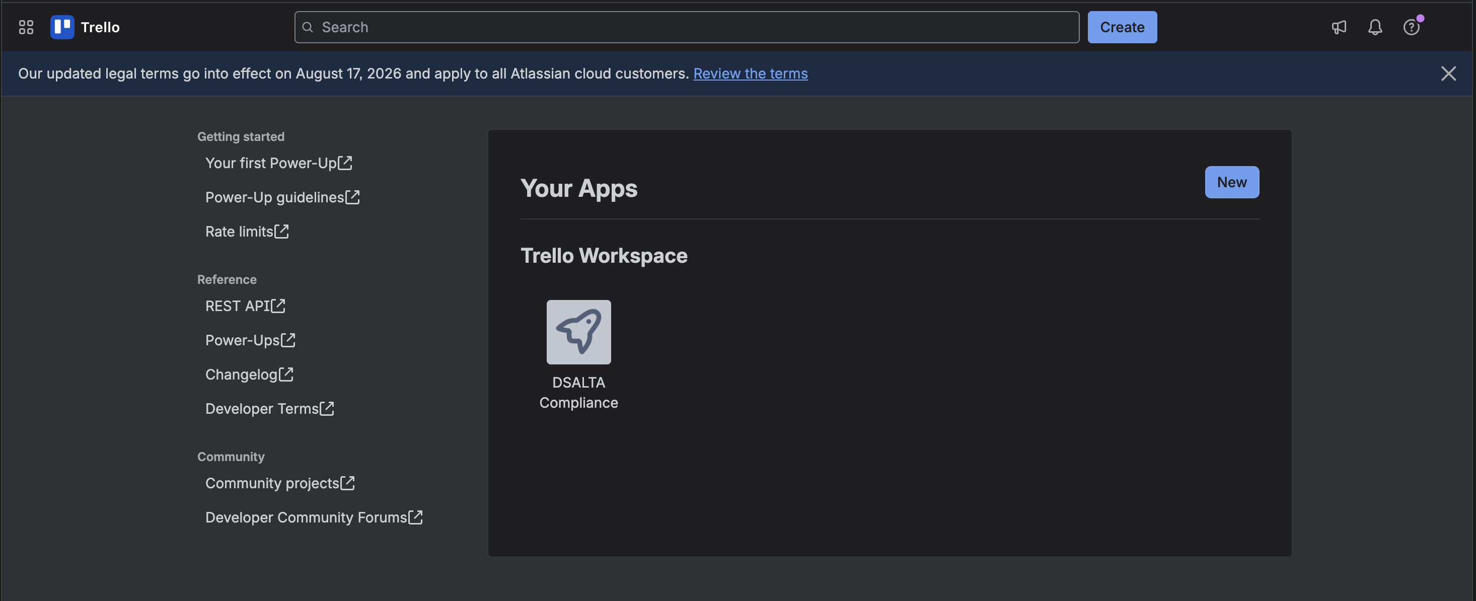 Trello Power-Ups admin page showing the Your Apps panel with a DSALTA Compliance Power-Up under Trello Workspace and the New button