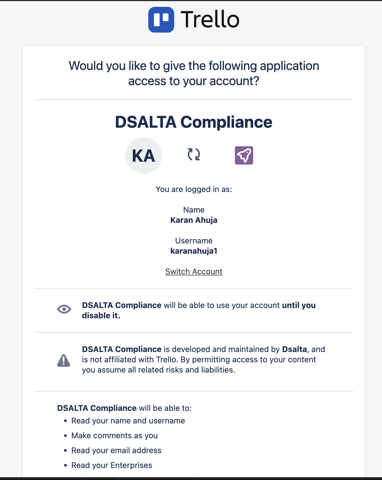 Trello authorization page asking whether to give DSALTA Compliance access to the account, listing the logged-in user and the permissions the application will receive
