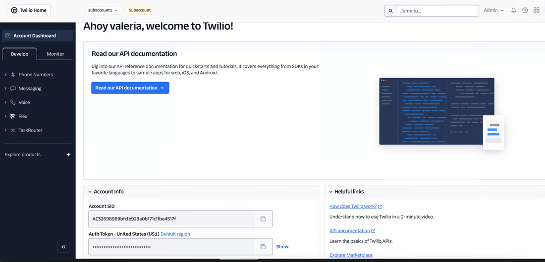 Twilio Console account dashboard with the Account Info box showing the Account SID and a masked Auth Token with a Show link