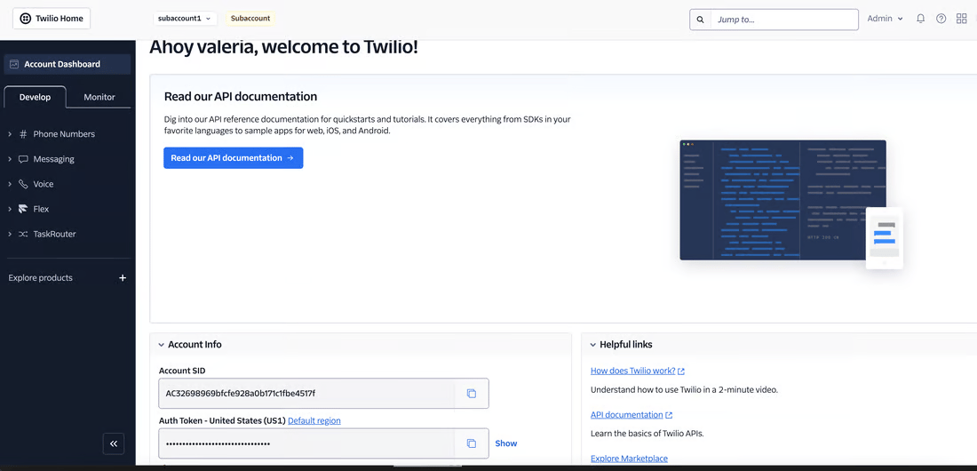 Twilio Console account dashboard with the Account Info box showing the Account SID and a masked Auth Token with a Show link