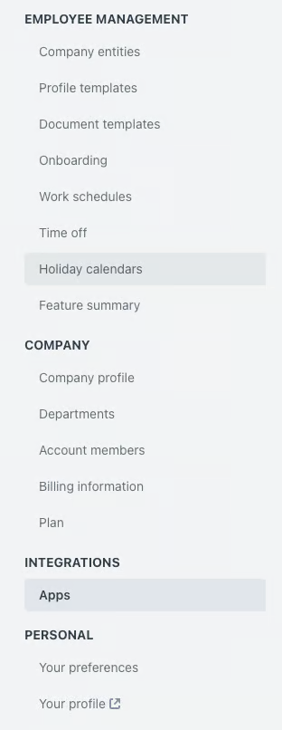 Workable settings navigation showing the Apps entry highlighted under the Integrations heading