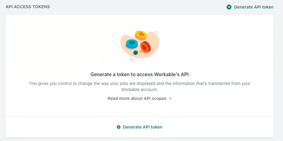 Workable API access tokens page with no tokens yet and two Generate API token buttons