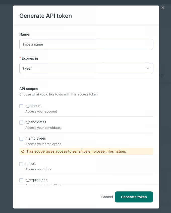 Workable Generate API token dialog with Name and Expires in fields and the API scopes checklist including r_account, r_candidates, r_employees, r_jobs and r_requisitions