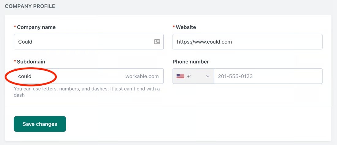 Workable company profile settings with the Subdomain field circled in red, showing the value before .workable.com