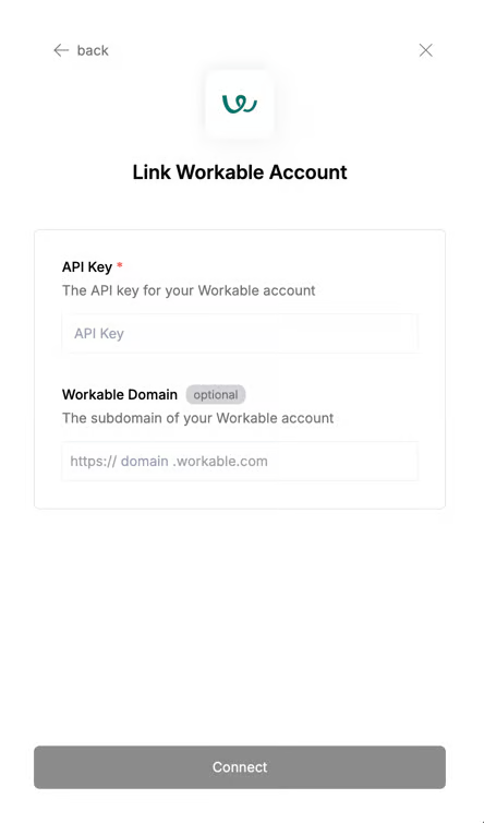 DSALTA Link Workable Account window with an API Key field and an optional Workable Domain field above a Connect button