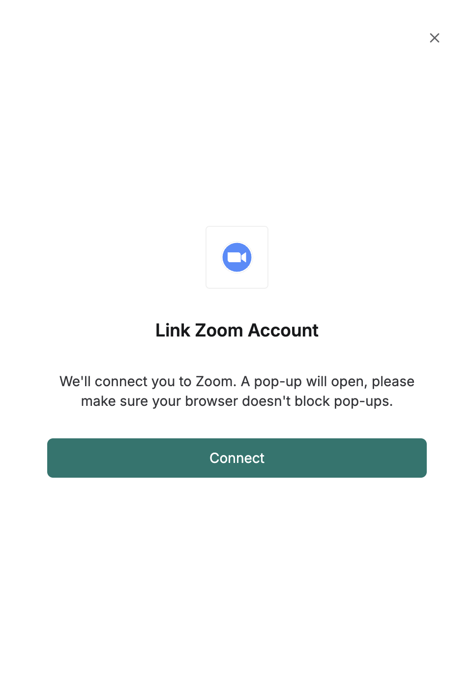 DSALTA Link Zoom Account window explaining that a pop-up will open to connect to Zoom, with a Connect button