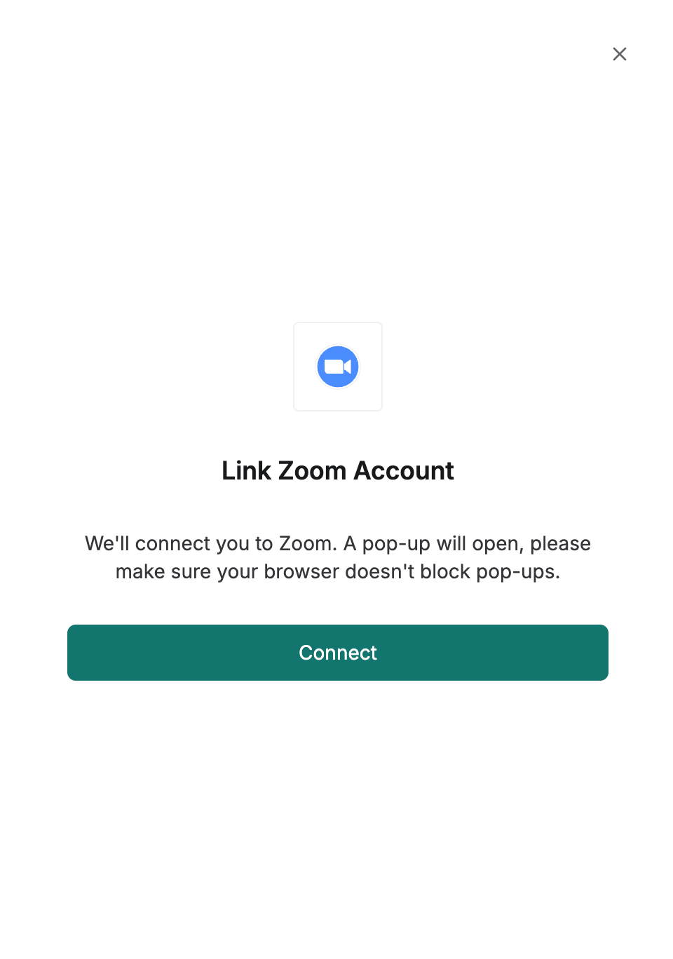 DSALTA Link Zoom Account window explaining that a pop-up will open to connect to Zoom, with a Connect button