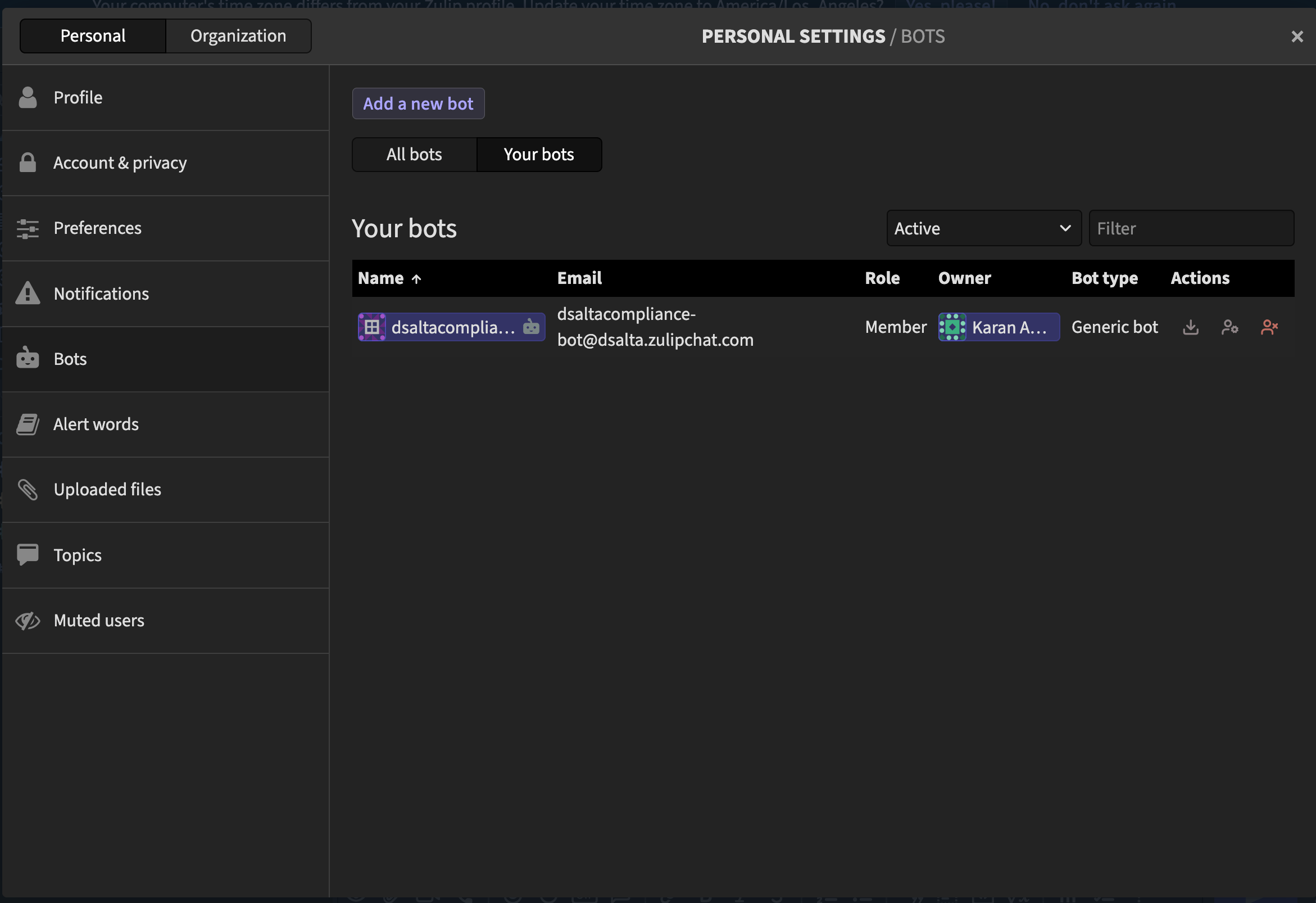 Zulip Personal settings Bots page listing the dsaltacompliance bot with its bot email address, Member role, owner, Generic bot type and the row action icons